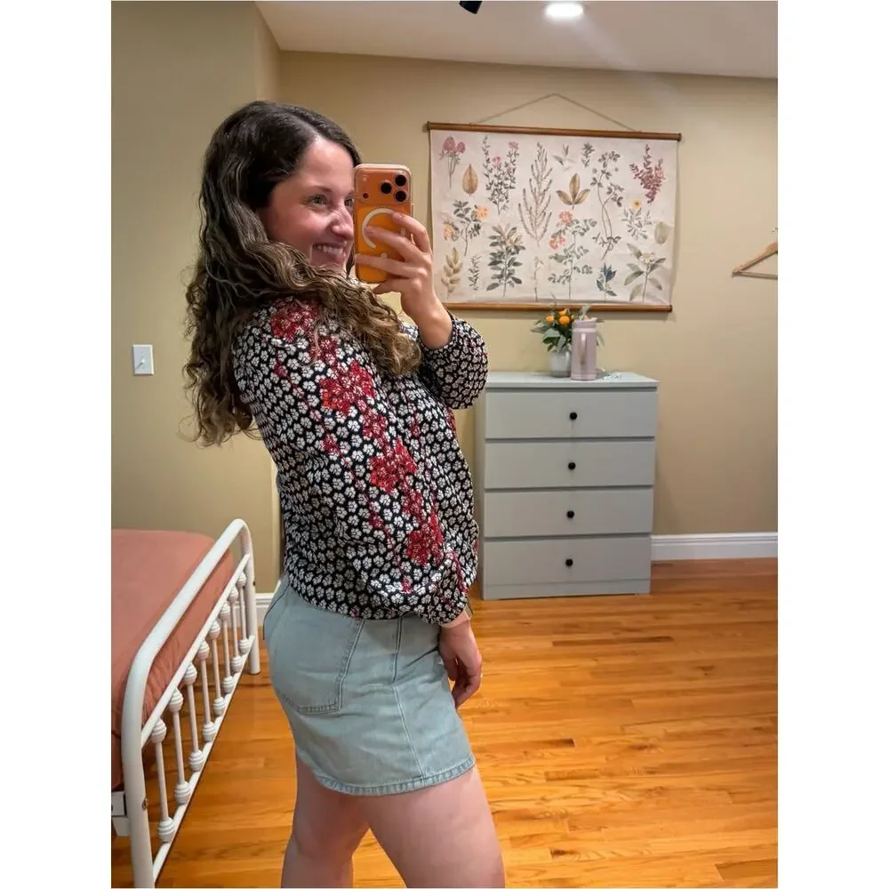 J. Crew Navy Floral Peasant Blouse with Red and White Motif Floral 2